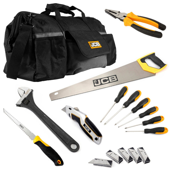 JCB Hand Tools JCB Hand Tool Set, Saws, Screwdrivers, Pliers, Wrench and Knife in 20" Kit Bag JCB-HTSET-COMP - Buy Direct from Spare and Square