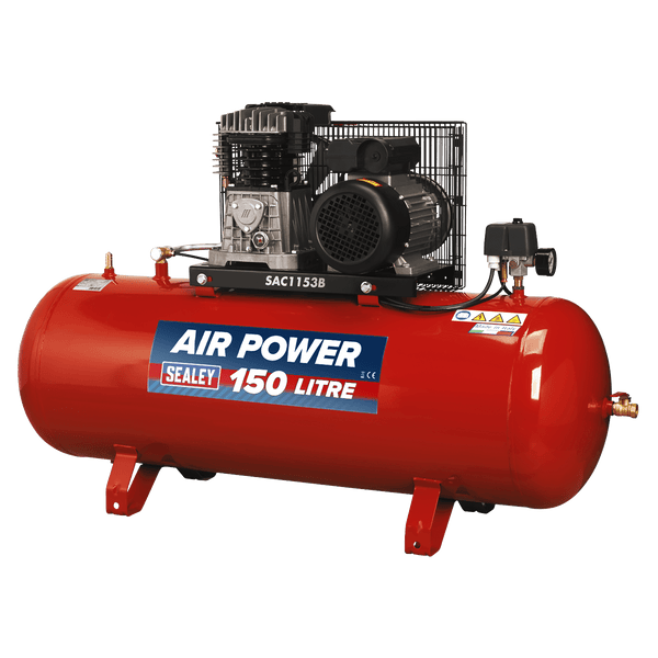 Sealey Air Compressor 150L Belt Drive Air Compressor 3hp with Cast Cylinders-SAC1153B 5051747560819 SAC1153B - Buy Direct from Spare and Square