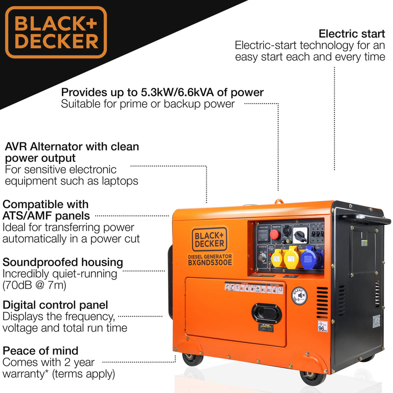 Black and Decker Generator Black & Decker 5.3kW / 6.6kVA Electric-Start Silenced Diesel Generator - BXGND5300E BXGND5300E - Buy Direct from Spare and Square