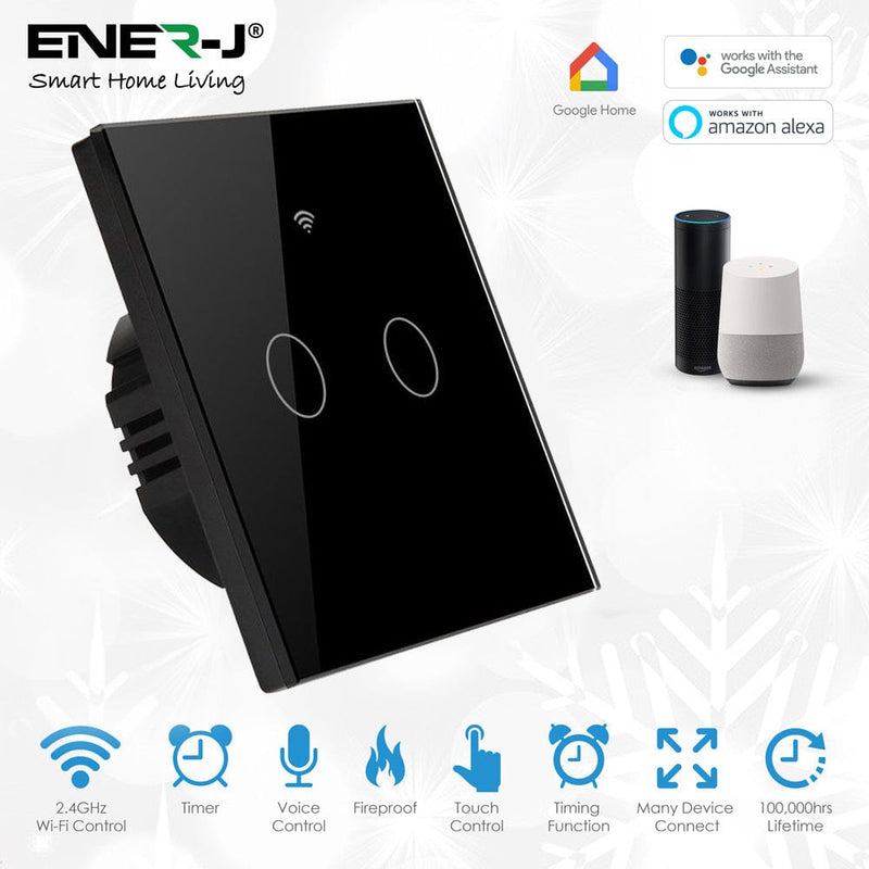 Ener-J Smart Home Smart WiFi Touch Switch 2 Gang - No Neutral Needed - Smart Light Switch - Black 5060774555408 SHA5337 - Buy Direct from Spare and Square
