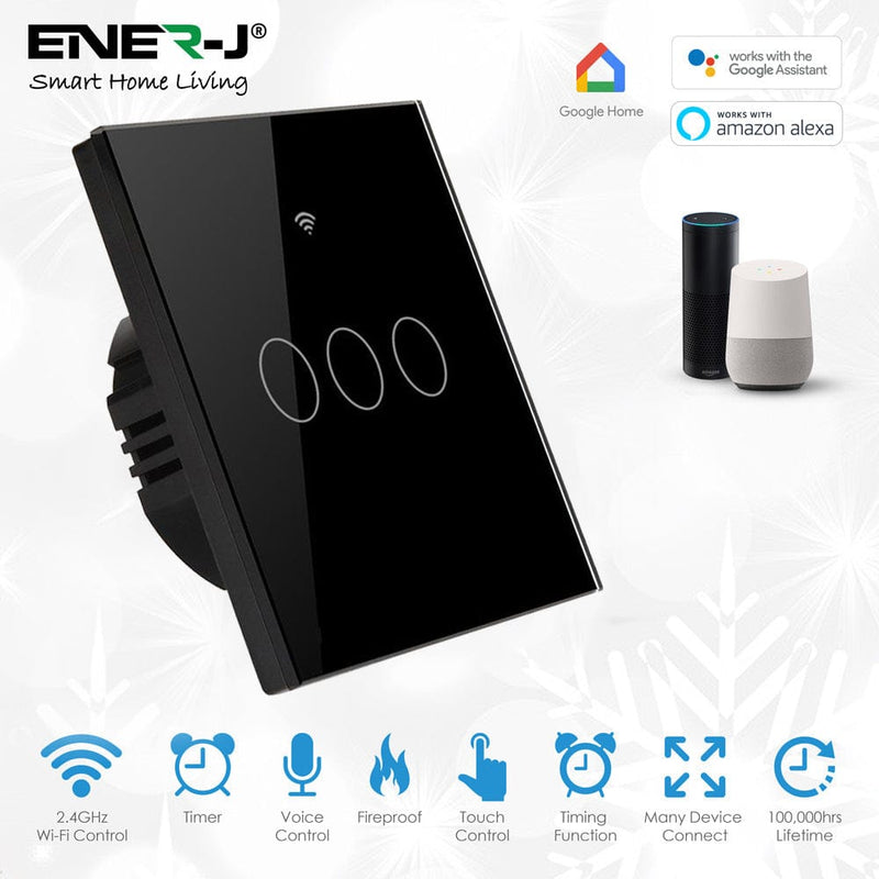 Ener-J Smart Home Smart WiFi Touch Switch 3 Gang - No Neutral Needed - Smart Light Switch - Black 5060774555422 SHA5338 - Buy Direct from Spare and Square