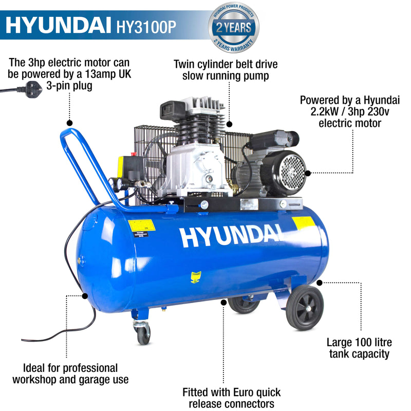 Hyundai Air Compressor Hyundai 100 litre, 145psi, Belt Drive, Twin Cylinder 3HP Air Compressor - HY3100P 5056275755478 HY3100P - Buy Direct from Spare and Square