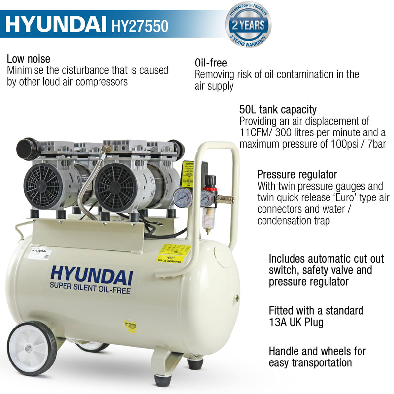 Hyundai Air Compressor Hyundai 50 Litre Low Noise, Oil Free, 100 PSI Electric Air Compressor - HY27550 5056275759230 HY27550 - Buy Direct from Spare and Square