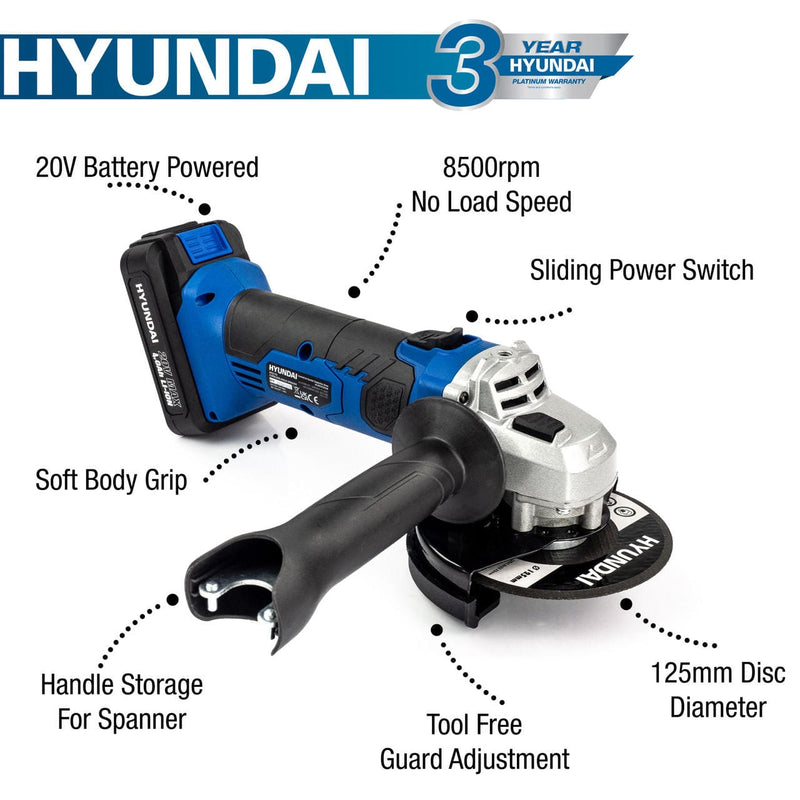 Hyundai Angle Grinder Hyundai 125mm Angle Grinder - 20v Cordless - HY2179 5059608234879 HY2179 - Buy Direct from Spare and Square