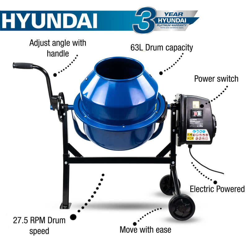 Hyundai Cement Mixer Hyundai 220W 63L Electric 230v Cement / Concrete Mixer - HYCM63E 5059608170771 HYCM63E - Buy Direct from Spare and Square
