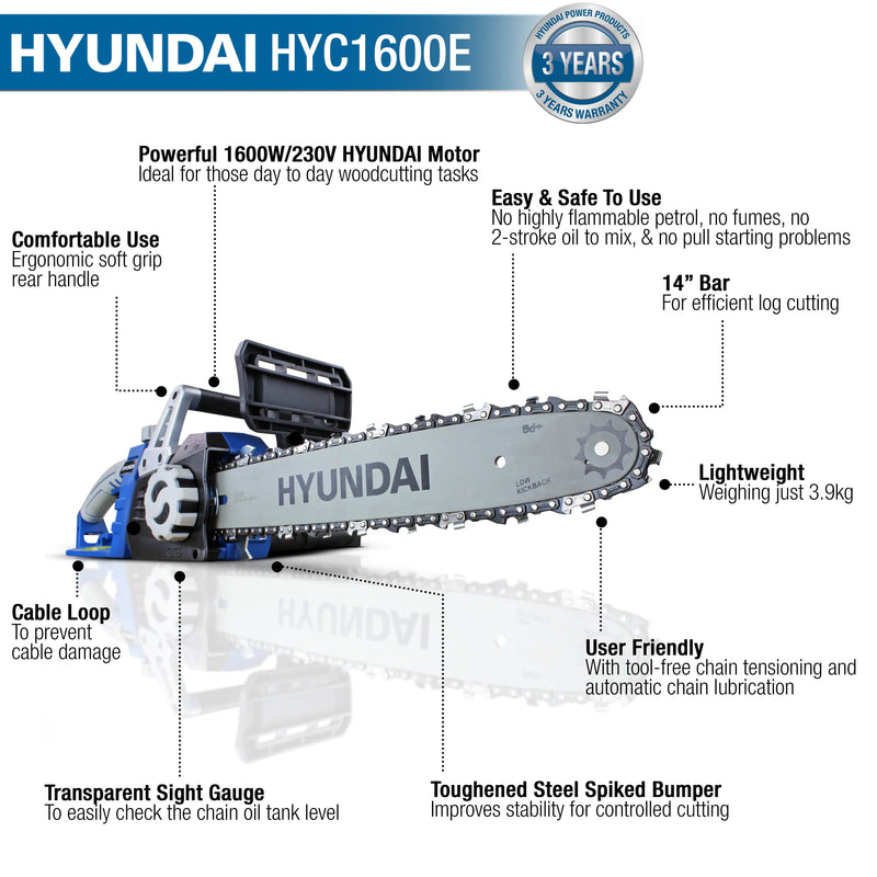 Hyundai Chainsaw Hyundai 1600W / 230V 14" Bar Electric Chainsaw - HYC1600E 5056275756109 HYC1600E - Buy Direct from Spare and Square
