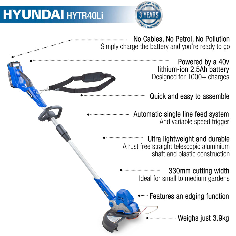 Hyundai Garden Strimmer Hyundai 40v Lithium-ion Cordless Grass Trimmer With Battery and Charger - HYTR40LI 5056275759186 HYTR40LI - Buy Direct from Spare and Square