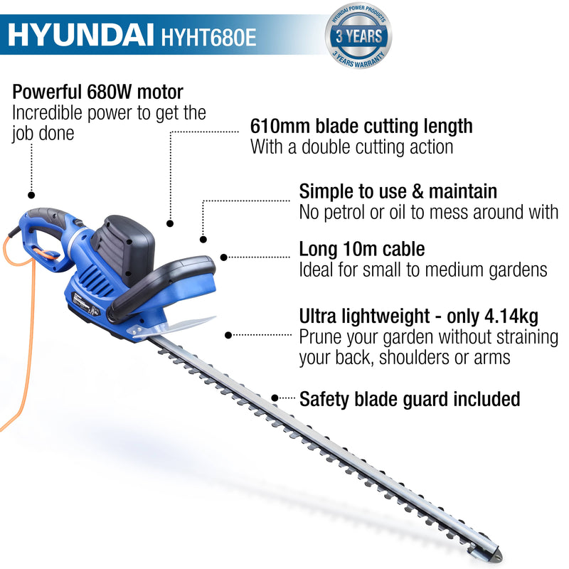 Hyundai Garden Strimmer Hyundai 680W 610mm Corded Electric Hedge Trimmer / Pruner - HYHT680E 5056275799922 HYHT680E - Buy Direct from Spare and Square