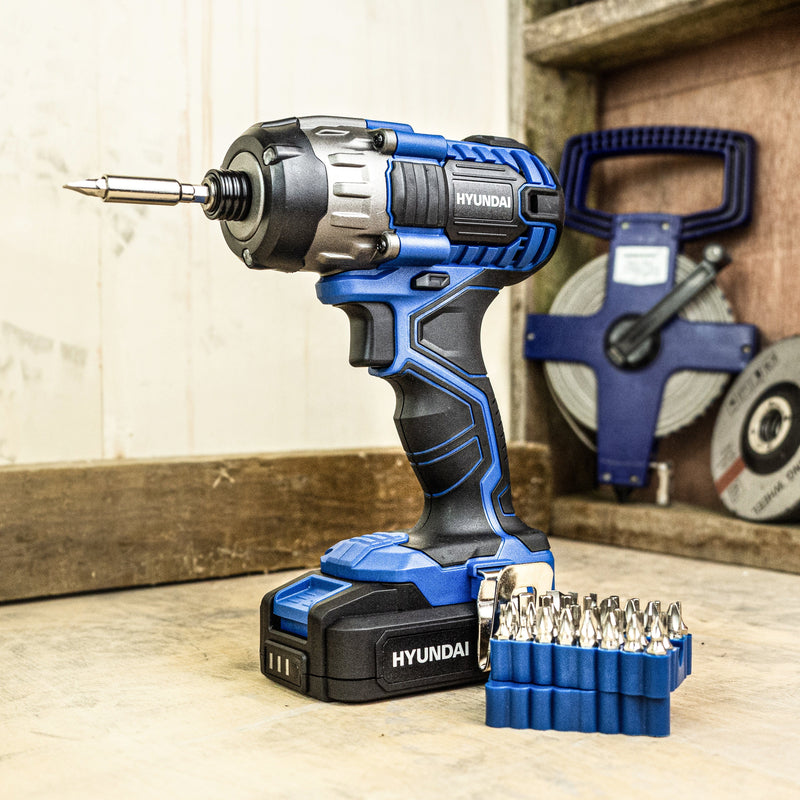 Hyundai Impact Driver Hyundai Cordless 180Nm Impact Driver - 20v Max Range - Includes 32 Piece Drill Bit Set 5059608234848 HY2177 - Buy Direct from Spare and Square