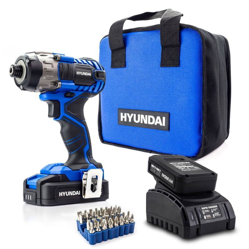 Hyundai Impact Driver Hyundai Cordless 180Nm Impact Driver - 20v Max Range - Includes 32 Piece Drill Bit Set 5059608234848 HY2177 - Buy Direct from Spare and Square