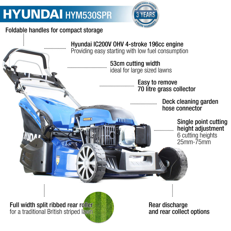 Hyundai Lawnmower Hyundai 53cm 196cc Self-Propelled Petrol Roller Lawnmower - HYM530SPR 5056275756093 HYM530SPR - Buy Direct from Spare and Square