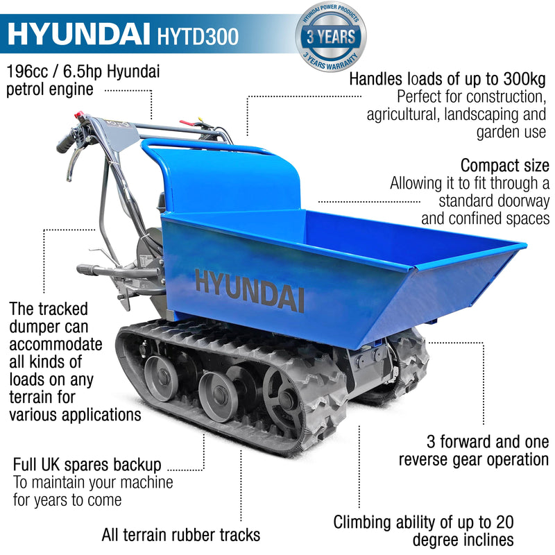 Hyundai Mini Dumper Hyundai 196cc Petrol 300kg Payload Tracked Mini Dumper / Power Barrow / Transporter - HYTD300 5056275758882 HYTD300 - Buy Direct from Spare and Square