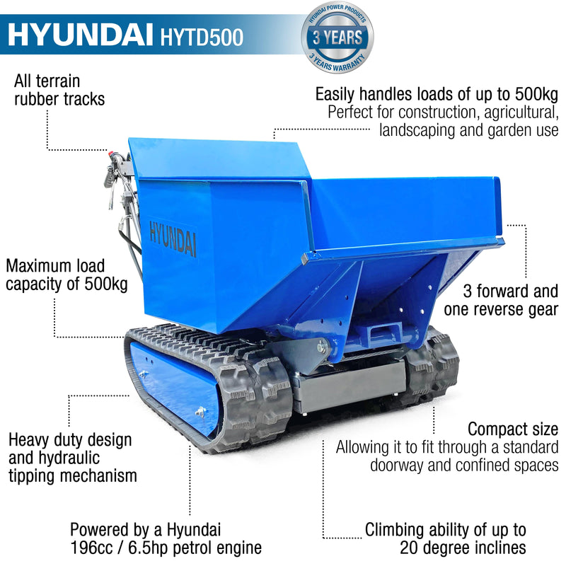 Hyundai Mini Dumper Hyundai 196cc Petrol 500kg Payload Tracked Mini Dumper / Power Barrow / Transporter - HYTD500 5056275758899 HYTD500 - Buy Direct from Spare and Square