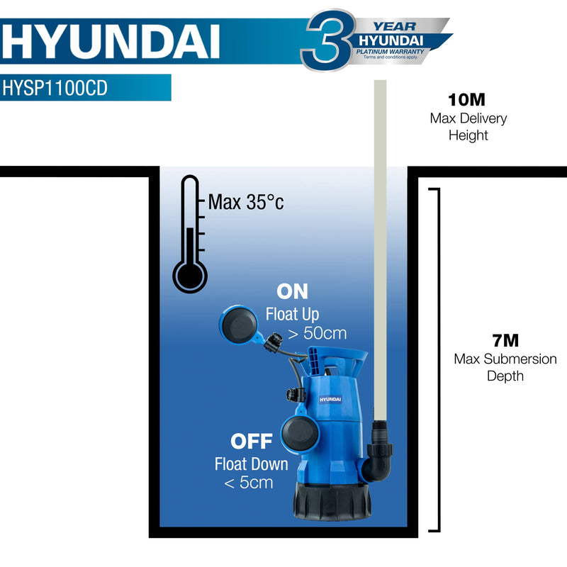 Hyundai Water Pump Hyundai 1100W Electric Clean and Dirty Water Submersible Water Pump - HYSP1100CD 5059608222159 HYSP1100CD - Buy Direct from Spare and Square