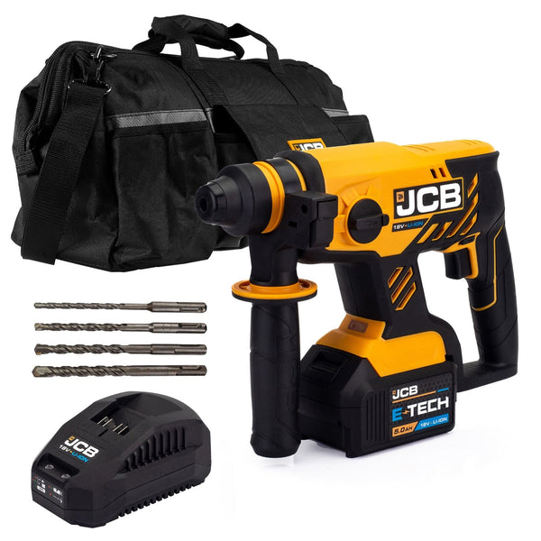 JCB Drill Bits JCB 18V Brushless  Rotary Hammer Drill Kit SDS 5Ah Lithium-Ion Battery and Charger in 20" Kit Bag 21-18BLRH-5X-BG - Buy Direct from Spare and Square