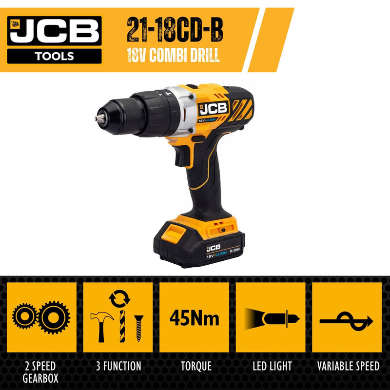 JCB Drills JCB 18V 45Nm Brushless, Variable Speed Combi Drill with 2.0Ah Li-ion Battery and 2.4A Charger 21-18CD-2XB - Buy Direct from Spare and Square