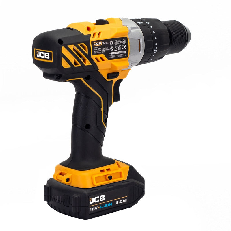 JCB Drills JCB 18V 45Nm Brushless, Variable Speed Combi Drill with 2.0Ah Li-ion Battery and 2.4A Charger 21-18CD-2XB - Buy Direct from Spare and Square