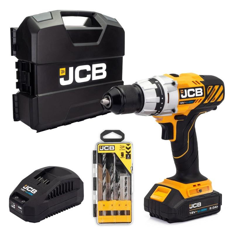 JCB Drills JCB 18V Brushless Drill Driver, 1/4" Hex Chuck,  2.0Ah Li-Ion Battery, 2.4A fast charger, 4 Pcs Drill Bit Set in W-Boxx 136 21-18BLDD-2X-WB - Buy Direct from Spare and Square