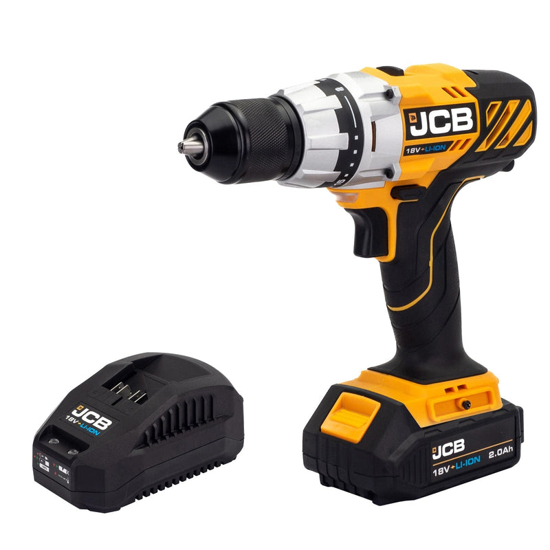 JCB Drills JCB 18V Drill Driver, 45Nm, 2.0Ah Li-ion Battery, 2.4A fast charger,13mm 1/2" Keyless Chuck 21-18DD-2XB - Buy Direct from Spare and Square