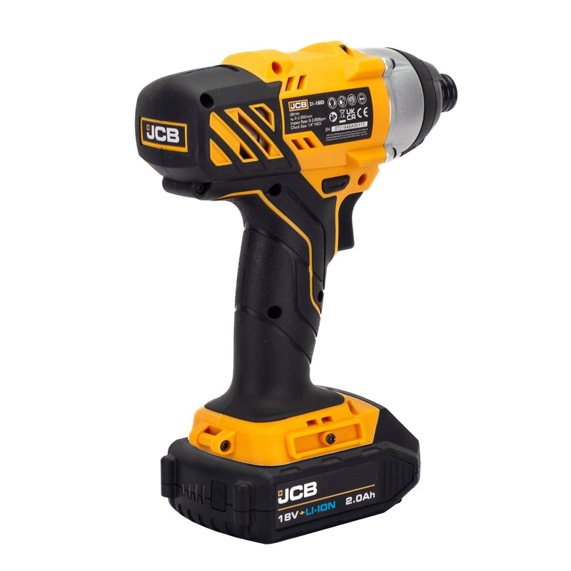 JCB Drills JCB 18V Impact Driver, 150Nm, 2.0Ah Li-Iion Battery and 2.4A Charger, 1/4" Hex Chuck 21-18ID-2XB - Buy Direct from Spare and Square