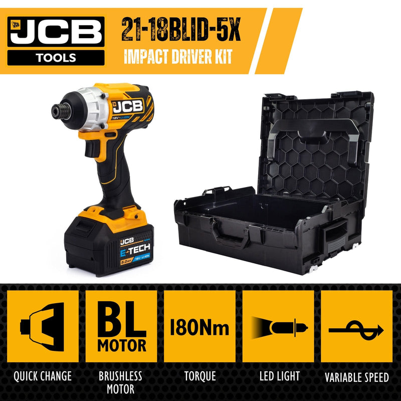 JCB Impact Drivers JCB 18V Brushless Impact Driver, 180Nm, 5.0AH Li-ion Battery, 2.4A Charger in L-Boxx 136 21-18BLID-5X - Buy Direct from Spare and Square