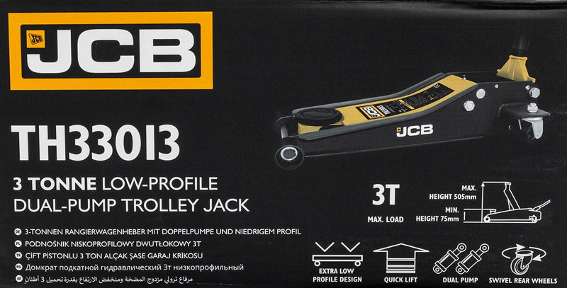 JCB Jack JCB 3 Tonne Low-Profile Double-Pump Trolley Jack JCB-TH33013 - Buy Direct from Spare and Square