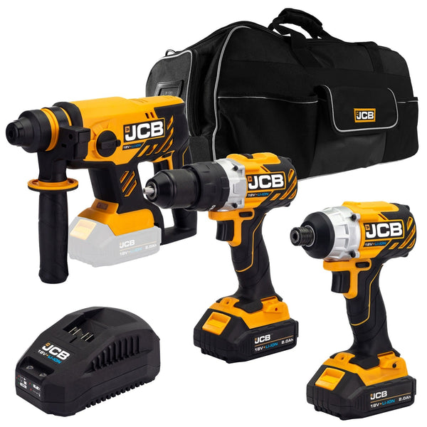 JCB Kits JCB 18V Brushless Combi Drill, Impact Driver & Hammer Drill Kit, 2 x 2Ah Li-Ion Batteries, Charger and 26'' Kit Bag 21-18BL3PK-2 - Buy Direct from Spare and Square