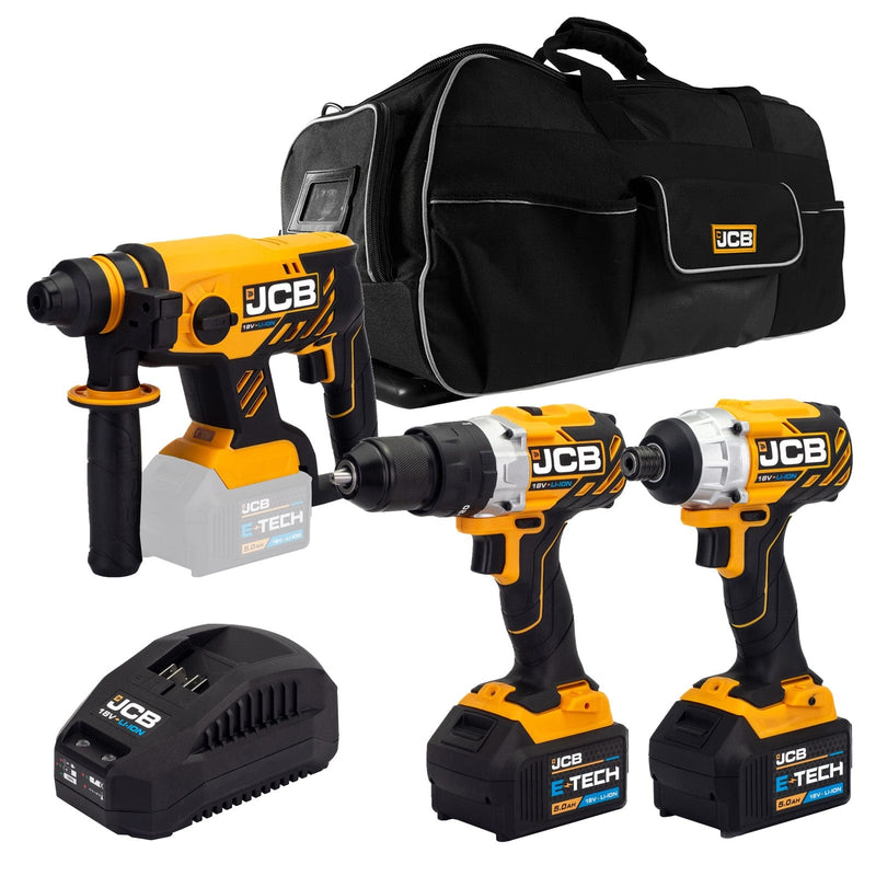 JCB Kits JCB 18V Brushless Combi Drill, Impact Driver & Hammer Drill Kit, 2 x 5Ah Li-Ion Batteries, Charger and 26'' Kit Bag 21-18BL3PK-5 - Buy Direct from Spare and Square