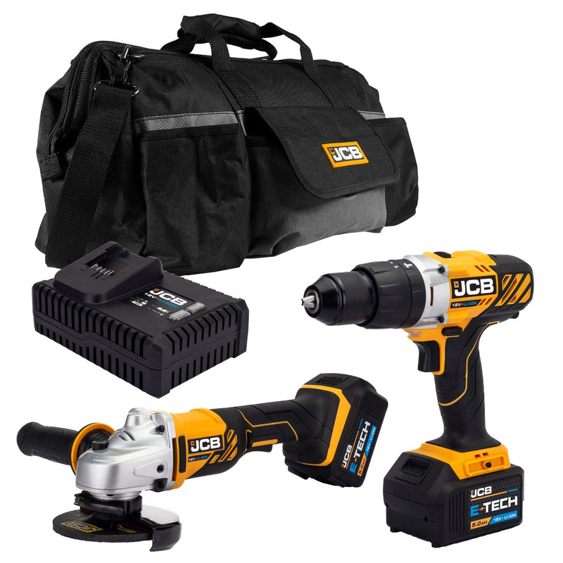 JCB Kits JCB 18V Combi Drill  & Angle Grinder Kit, 2x 5.0ah Li-Ion Batteries, Fast Charger in 20" kit bag 21-18AGCD-5 - Buy Direct from Spare and Square