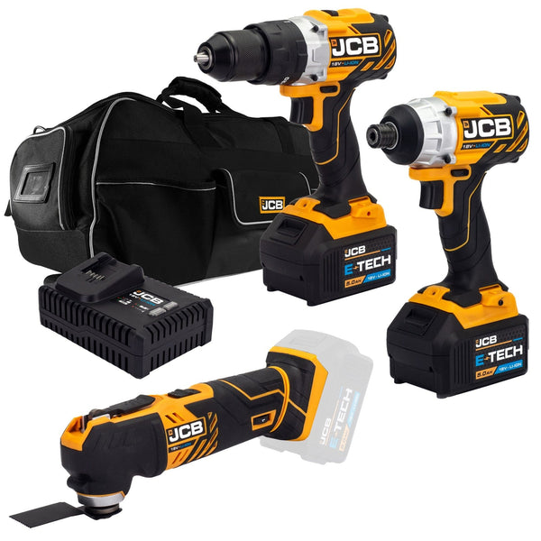 JCB Kits JCB 18V Cordless Combi Drill, Impact Driver & Multi-Tool Kit, 2x 5.0Ah Li-Ion Batteries, Charger, 26'' Kit Bag 21-18TPKMT-5 - Buy Direct from Spare and Square