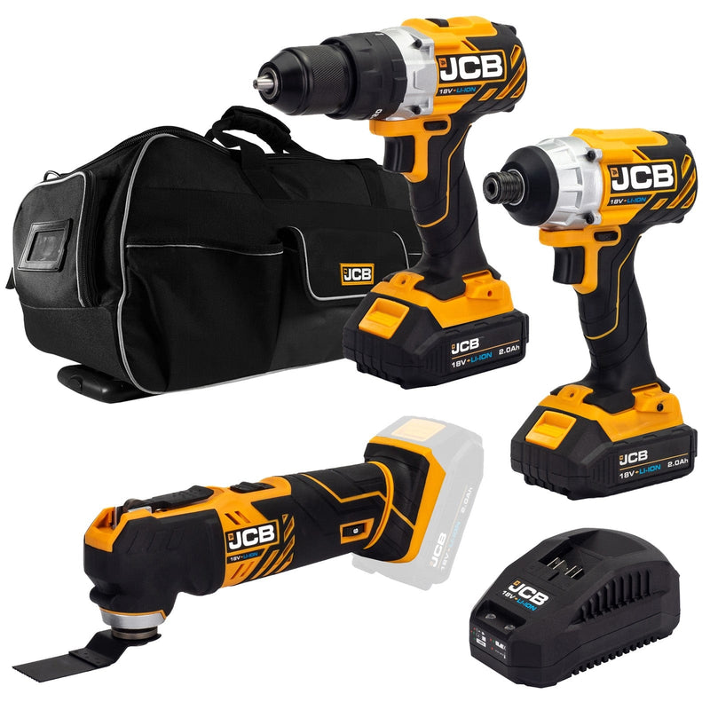 JCB Kits JCB 18V Cordless Combi Drill, Impact Driver & Multi Tool Kit, 2xAh Li-Ion Batteries , charger in 26" kit bag 21-18TPKMT-2 - Buy Direct from Spare and Square