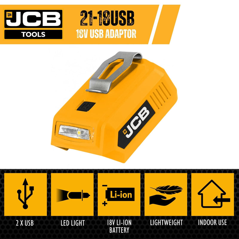 JCB Lights JCB 18V Cordless 60lm LED Light  with 2x USB Charge Portal Power Adaptor 21-18USB - Buy Direct from Spare and Square