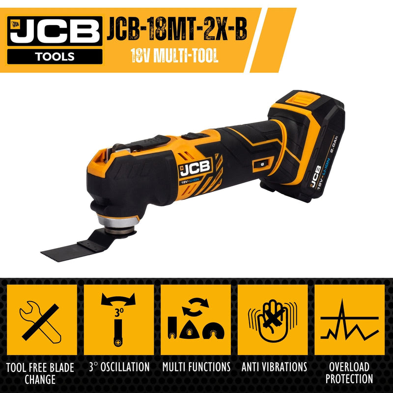 JCB Multi-Tools JCB 18V Cordless Multi Tool, 2.0Ah Li-Ion Battery and 2.4A Charger JCB-18MT-2X-B - Buy Direct from Spare and Square