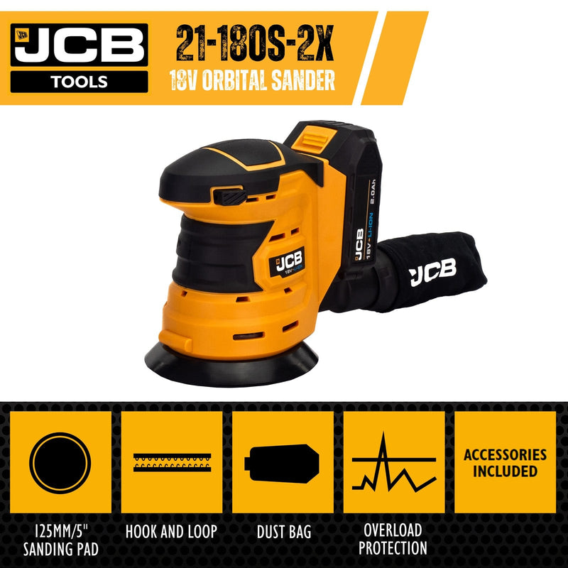 JCB Sanders JCB 18v Cordless Random Orbital Sander - 125mm With 2Ah Battery 21-18OS-2X - Buy Direct from Spare and Square