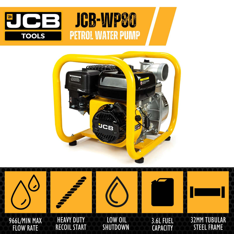 JCB Water Pump JCB 80mm / 3" Professional Petrol Water Pump - 1000LPM - 224cc 5059608313109 JCB-WP80 - Buy Direct from Spare and Square