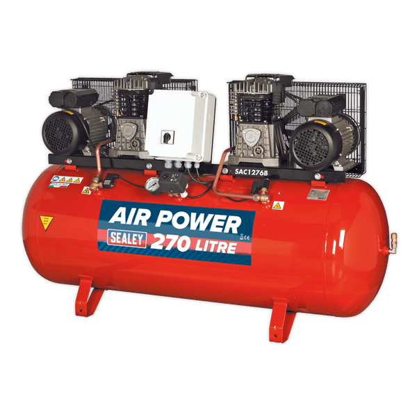 Sealey Air Compressor 270L Belt Drive Air Compressor 2 x 3hp with Cast Cylinders-SAC1276B 5051747560833 SAC1276B - Buy Direct from Spare and Square