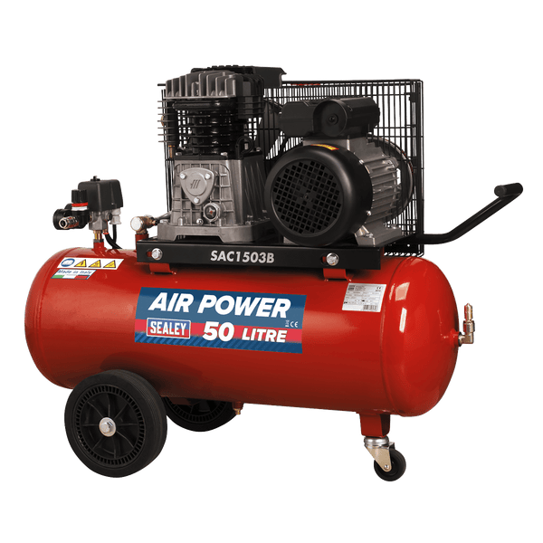 Sealey Air Compressor 50L Belt Drive Air Compressor 3hp with Cast Cylinders & Wheels-SAC1503B 5051747560796 SAC1503B - Buy Direct from Spare and Square