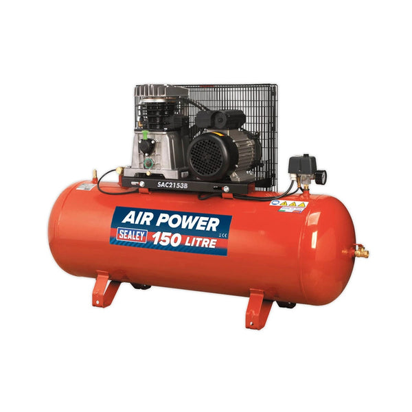 Sealey Air Compressor Sealey Belt Drive 150l 3hp Air Compressor With Cast Cylinders - 145psi (10bar) SAC2153B - Buy Direct from Spare and Square