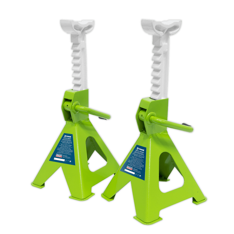 Sealey Axle Stands Ratchet Type Axle Stands (Pair) 2 Tonne Capacity per Stand - Hi-Vis Green-VS2002HV 5054511271041 VS2002HV - Buy Direct from Spare and Square