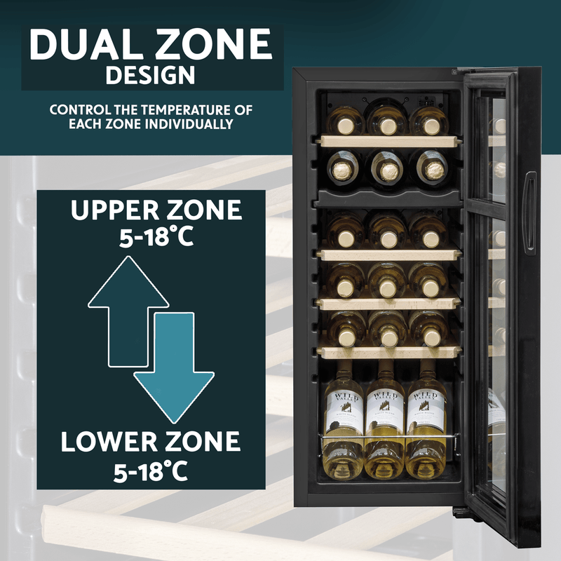 Sealey Baridi 18 Bottle Dual Zone Wine Cooler, Fridge with Digital Touch Screen Controls, Wooden Shelves & LED Light, Black 5056514600200 DH89 - Buy Direct from Spare and Square
