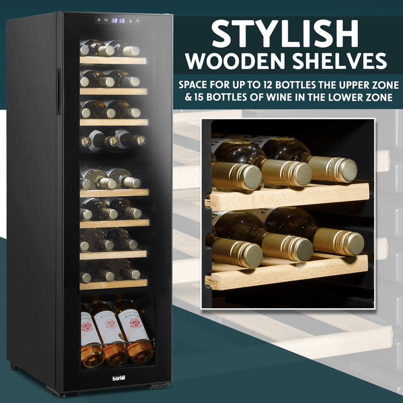 Sealey Baridi 27 Bottle Dual Zone Wine Cooler, Fridge with Digital Touch Screen Controls, Wooden Shelves & LED Light, Black 5056514600217 DH90 - Buy Direct from Spare and Square