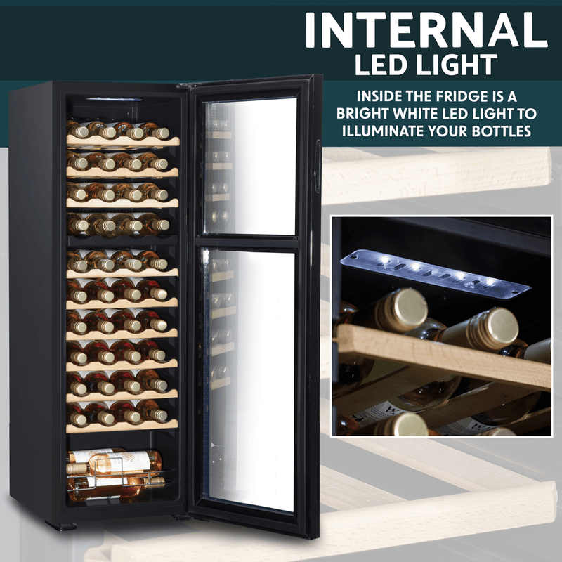 Sealey Baridi 44 Bottle Dual Zone Wine Cooler, Fridge with Digital Touch Screen Controls, Wooden Shelves & LED Light, Black 5056514600293 DH92 - Buy Direct from Spare and Square