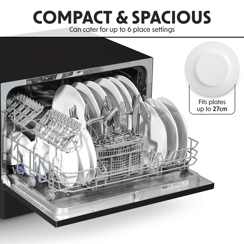 Sealey Baridi Compact Tabletop Dishwasher 6 Place Settings, 6 Programmes, Low Noise, 6.5L Cycle, Start Delay - Black 5054630086816 DH85 - Buy Direct from Spare and Square