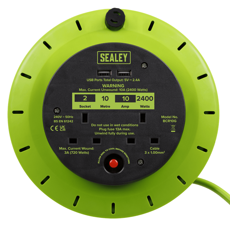 Sealey Cable Reels 10m Cassette Type Cable Reel Green with Thermal Trip 2 x 230V and 2 x USB-BCR10G 5054630249303 BCR10G - Buy Direct from Spare and Square