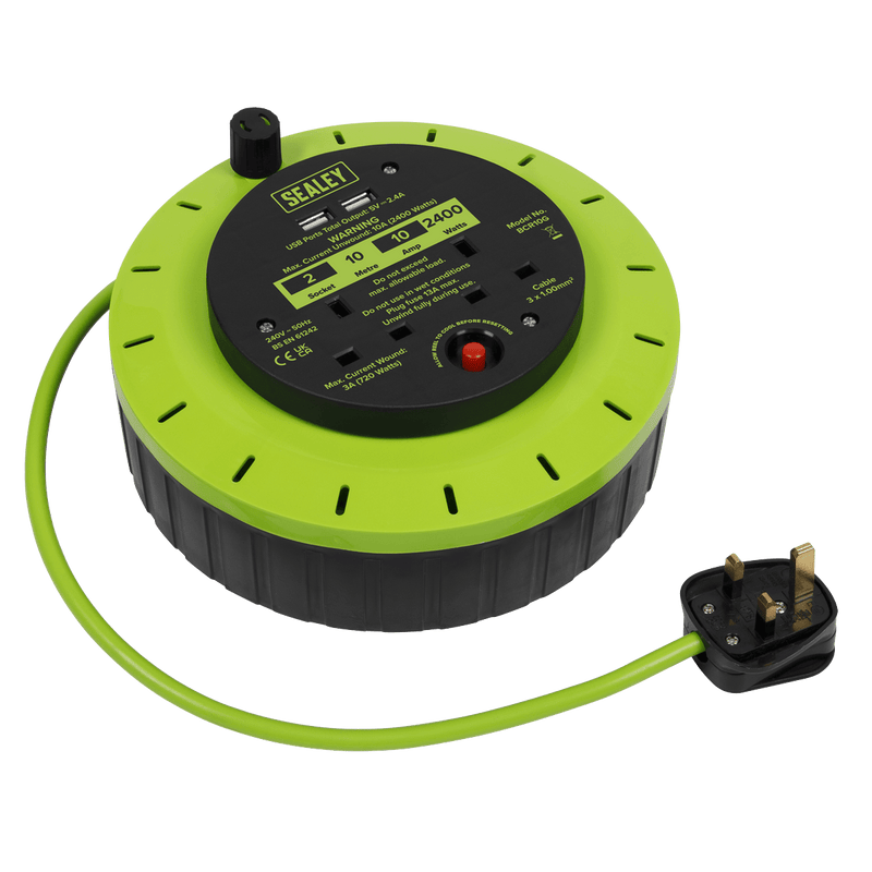 Sealey Cable Reels 10m Cassette Type Cable Reel Green with Thermal Trip 2 x 230V and 2 x USB-BCR10G 5054630249303 BCR10G - Buy Direct from Spare and Square