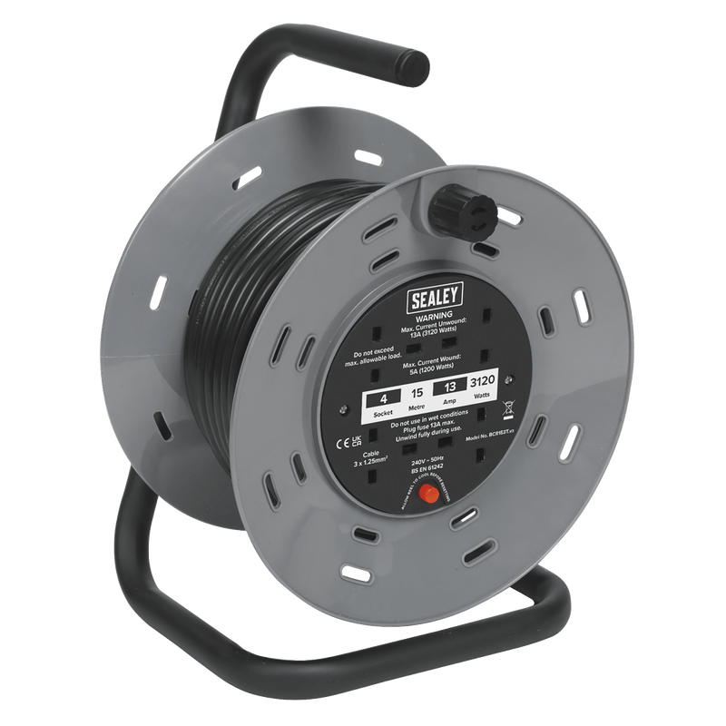 Sealey Cable Reels 15m Cable Reel with Thermal Trip 4 x 230V-BCR153T 5054511510072 BCR153T - Buy Direct from Spare and Square