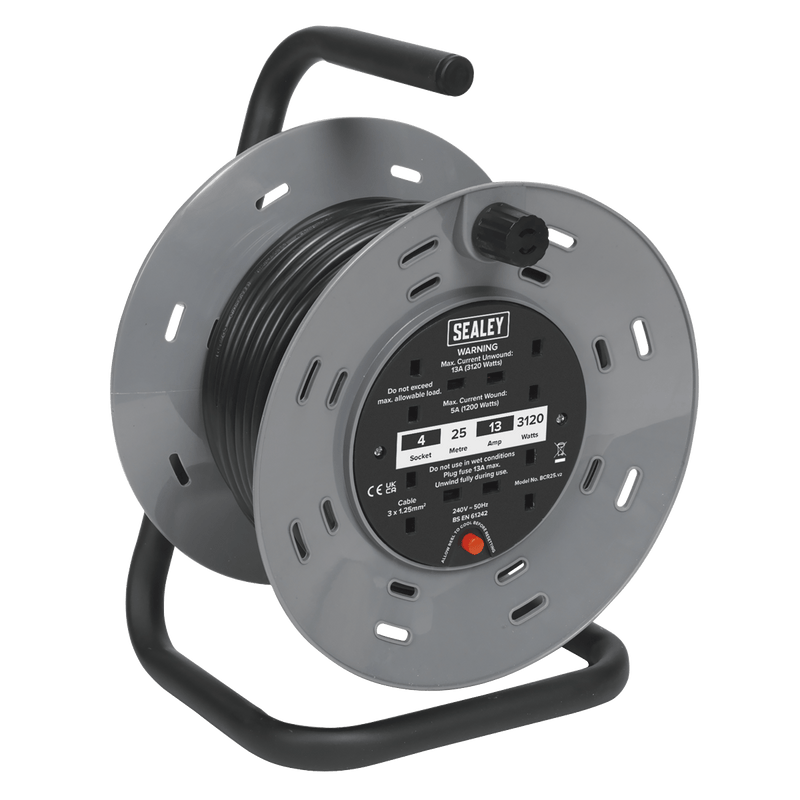 Sealey Cable Reels 25m Cable Reel with Thermal Trip 4 x 230V Sockets-BCR25 5024209036719 BCR25 - Buy Direct from Spare and Square