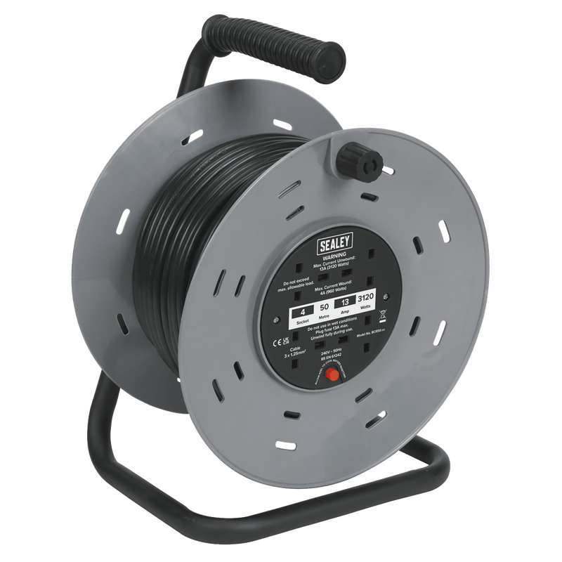 Sealey Cable Reels 50m Cable Reel with Thermal Trip 4 x 230V Sockets-BCR50 5024209041010 BCR50 - Buy Direct from Spare and Square