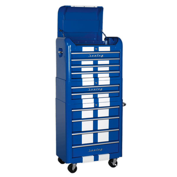 Sealey Combo Kits 10 Drawer Retro Style Topchest, Mid-Box & Rollcab Combination Blue/White Stripes-AP28COMBO2BWS 5054511038279 AP28COMBO2BWS - Buy Direct from Spare and Square