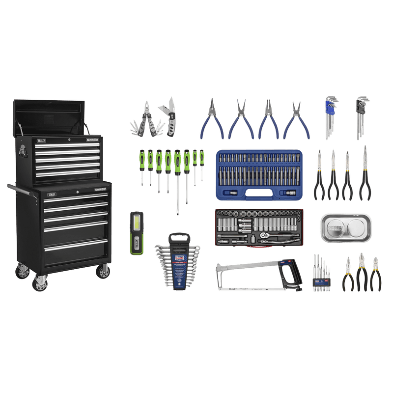 Sealey Combo Kits 10 Drawer Topchest & Rollcab Combination with Ball-Bearing Slides - Black with 148pc Tool Kit-APCOMBOBBTK56 5051747522091 APCOMBOBBTK56 - Buy Direct from Spare and Square